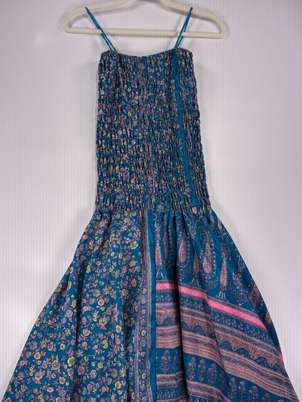 Fairycore Boho Smocked Tiered Maxi Dress Mixed Floral Silk Teal OS - Picture 6 of 12